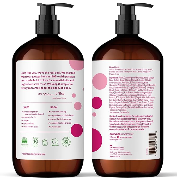 Everyone 3-in-1 Kids Soap Body Wash Bubble Bath Shampoo 32 Ounce (Pack of 2) Berry Blast made with Essential Oils for Toddlers tweens and teens