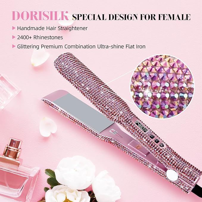 DORISILK Crystal Diamond Professional Hair Straightener 2 Inch Titanium Flat Iron Bling Rhinestone Straightening Iron Curling 2 in 1 Salon High Heat 480 °F Instant Heat Up Dual Voltage Rose Pink