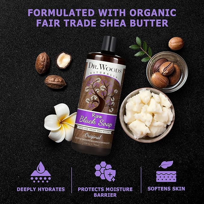 Dr. Woods Raw African Liquid Black Soap - Body Wash for Men and Women Contains Organic Shea Butter Gentle Exfoliant Natural Cleanser for Face Hands and Body - 32 Fl Oz Pack of 3