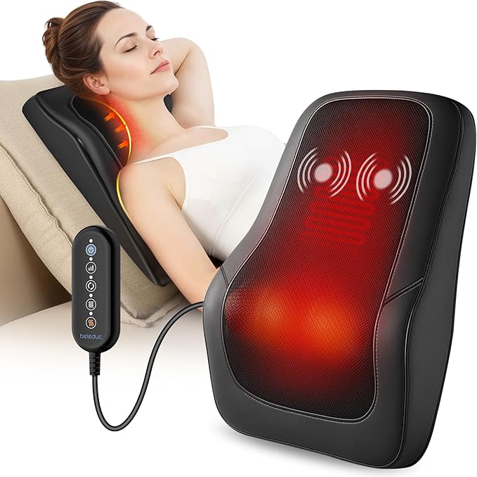 Beleduc Shiatsu Back Massager with Heat Back Massager for Back Pain Deep Tissue Vibration Massage Deep Kneading Massager Pillow for Neck Shoulder Black