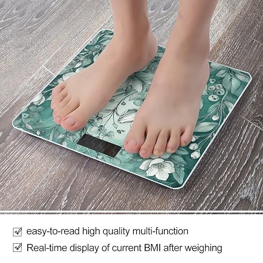 Digital Bathroom Scale for Body Weight Scale with Bright LCD Display High Accuracy Step-On Technology Auto On/Off Mint Green Floral Digital Scales 400 Lbs /180kg