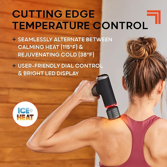 Sharper Image Powerboost Hot + Cold Massage Gun Bundle - Deep Tissue Percussion Massagers with Heat/Cool Therapy Multiple Attachments &amp Speeds Quiet Ergonomic Design Muscle Relief Workout Recov