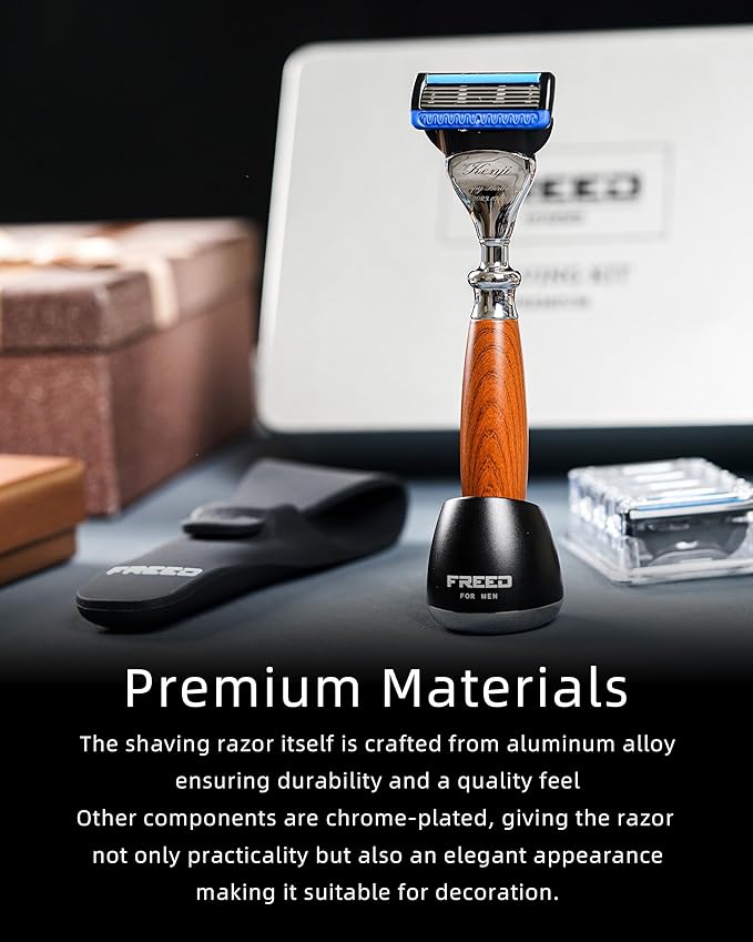 FREED Customized gifts Engraving Shaving Kit - Safety Razor with metal handle include razor base razor travel case and 5 Razor Blade Refillsit's the best gift for men (Nut Brown)