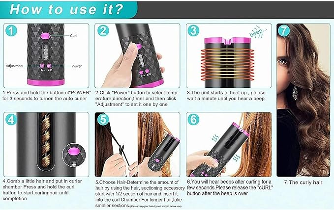Portable Automatic Hair Curler Ceramic Rotating Wireless Auto Curling Iron Wand Emlimny Portable USB Rechargeable Spin Curler for Hair Styling (Black)