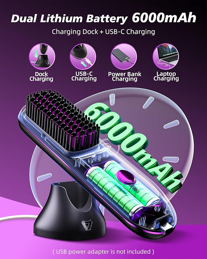 VELORIA Cordless Hair Straightener Brush with Charging Dock LED Temp Display 3 Heat Settings 320-392°F Ceramic Heated Straightening Comb Dual Lithium Battery 6000mAh Black