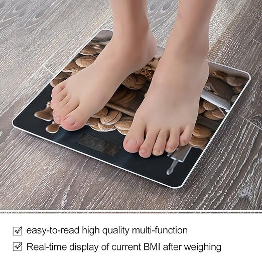 Walnut Nuts Scale for Body Weight Anti-Slip Tempered Glass Digital Bathroom Scales Clear LCD Display Weighing Scale Safe Rounded Corners Smart Scales