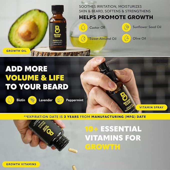 The Beard Club Ultimate Beard Growth Kit - Derma Roller Growth Oil Vitamins Vitamin Spray Biotin Balm Conditioner Cream Balms Shampoo Razor Scissors Combs Brush Cleansing Spray - Gift Set