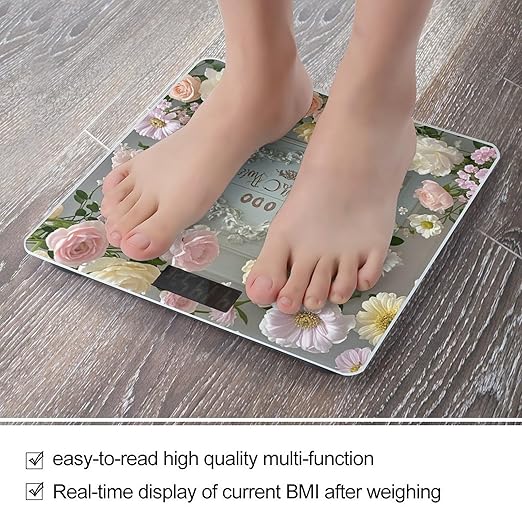 Shabby Chic Flowers Scale for Body Weight Digital Bathroom Scale Toughened Glass High Precision Scales for Body Weight with Large LCD Backlight Display Weight Scales