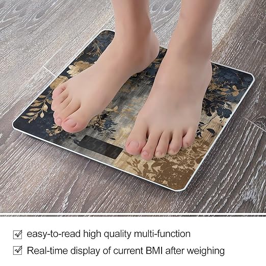 Gold and Black Flowers Scale for Body Weight Highly Accurate Digital Bathroom Body Scale Digital Body Weight Scale Tempered Glass LCD Display Batteries and Tape Measure