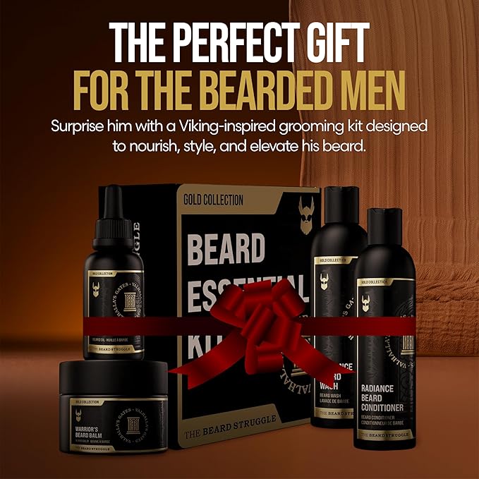 The Beard Struggle Men’s Beard Growth Kit – Includes Balm Oil Wash &amp Conditioner – Gold Collection Valhalla’s Gates