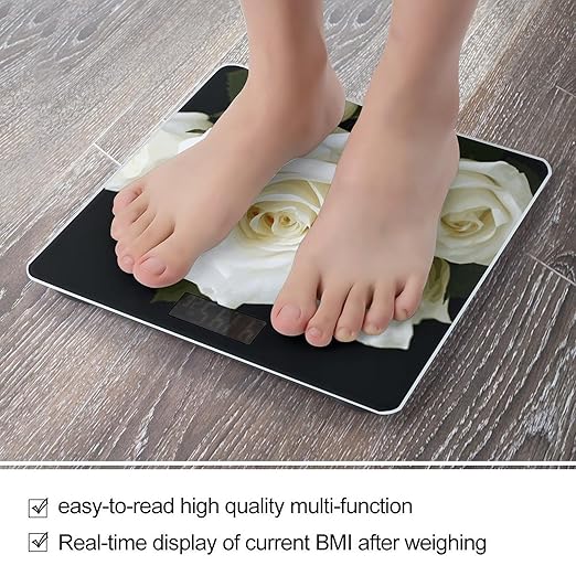 White Rose Scale with LCD Easy-to-Read Anti-Slip Weight Digital Bathroom Scale Precision Weighing Scales Sturdy Tempered Glass Body Weight Scales for Daily Use