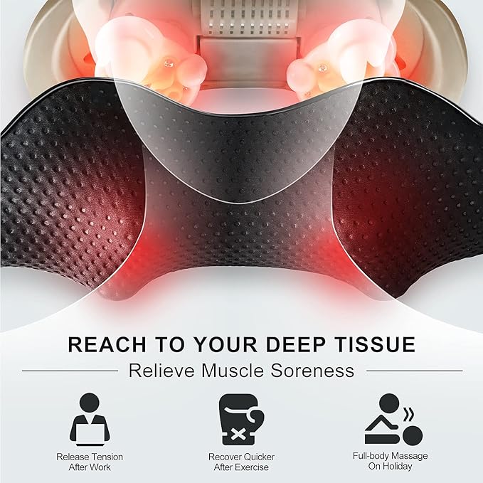 Mirakel Shiatsu Neck &amp Back Massager with Heat - Deep Tissue Neck Back &amp Shoulder Pain Relief - Ergonomic Design Shoulder Massager Electric Kneading Whole Body Massage Pillow Gifts for Women
