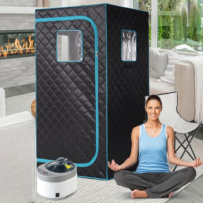 Smartmak Portable Home Steam Sauna Full Size Personal Sauna Spa Box Single Saunas Box with Steamer 4L 1500W Large Steam Generator 99 Min Timer Remote Control Upgraded Foldable Chair Mat Green