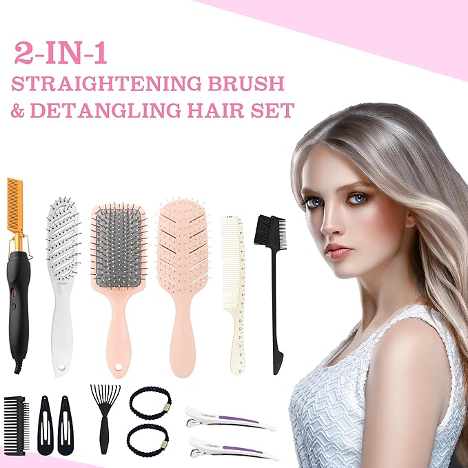 15-Piece Hair Straightening Kit with Hot Comb Hair Press Brushes and Styling Accessories