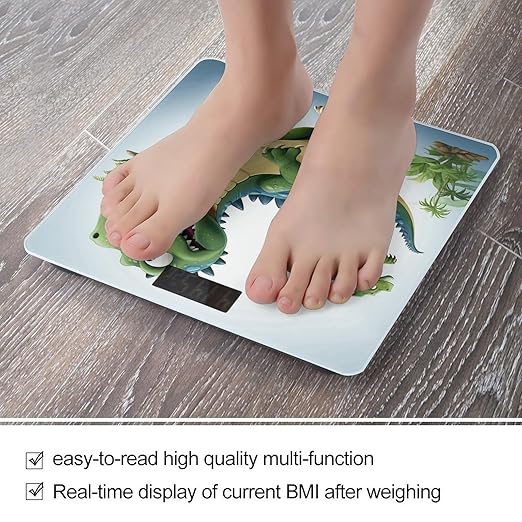Cartoon Dinosaur Images Digital Bathroom Scale for Body Weight with High Precision Digital Weighing Scale with BMI Clear LCD Display and Step-On Measures Weight Up to 180kg
