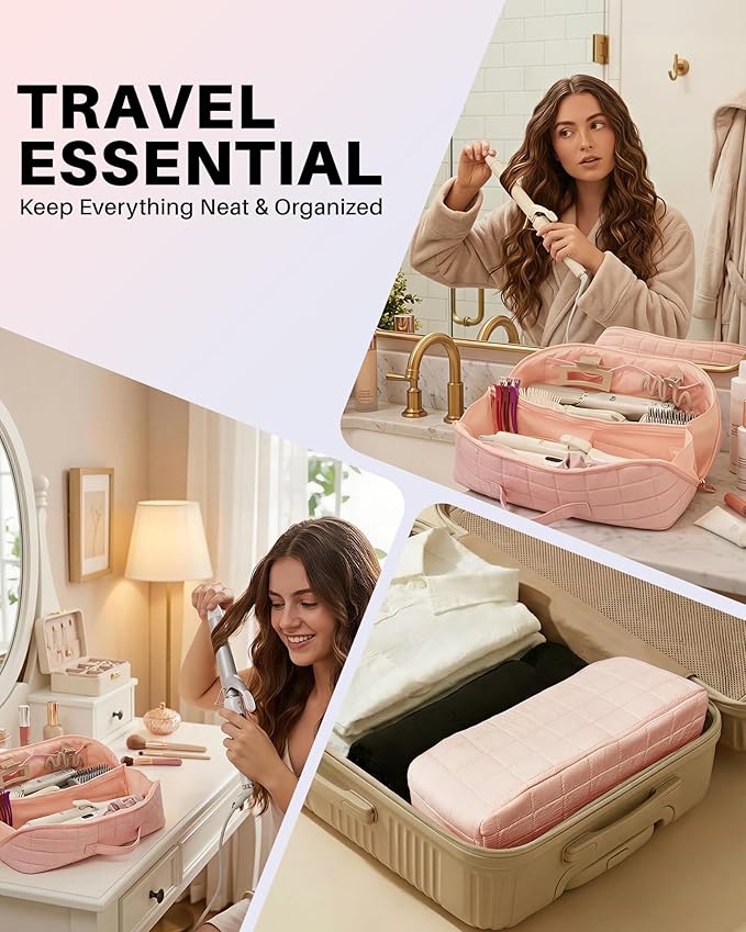 Hot Tools Travel Case with Heat Resistant Mat Pouch Large Hair Tool Organizer Bag for Curling Iron Flat Iron Hair Dryer Hot Air Brush Water Resistant Makeup Bag Gift for Women Pink