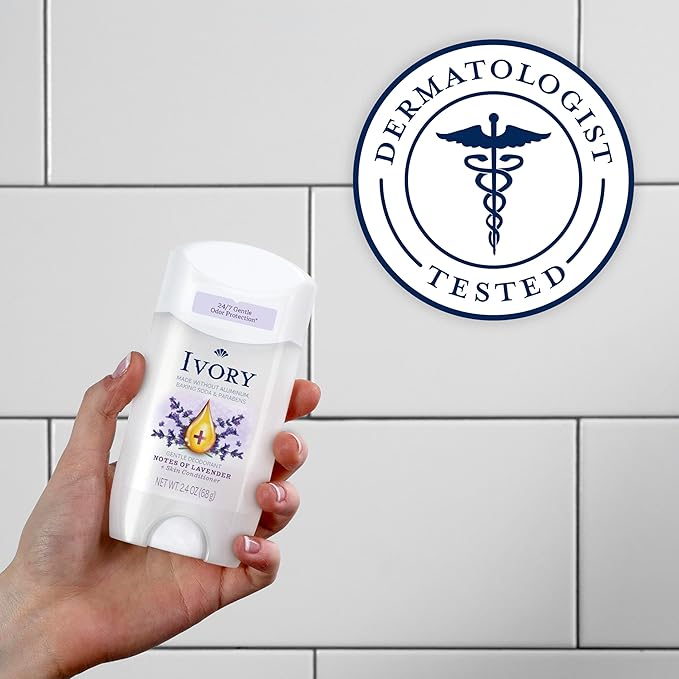 Ivory Aluminum Free Deodorant Hint of Lavender 24hr Gentle Deodorant Dermatologist Tested Baking Soda Free Paraben Free 2.4oz (Pack of 6)