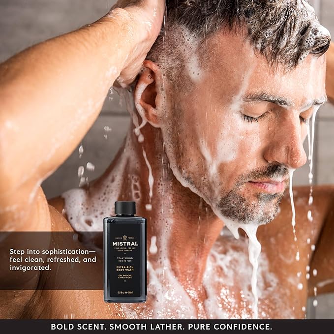 Mistral Men's Body Wash &amp Shampoo Teakwood 13.5 oz | 2-in-1 Natural Shower Gel for Men | SLS Paraben &amp Phthalate Free | Natural Men’s Body Wash Moisturizing Bath Gel - Made in France