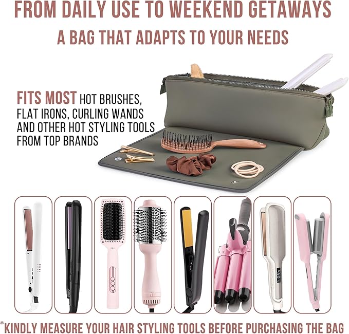 BAREFOOT CARIBOU Hair Tools Travel Bag and Heat Resistant Mat for Flat Irons Straighteners Curling Iron and Haircare Accessories 2-in-1 design with Interior Pockets Portable Organizer