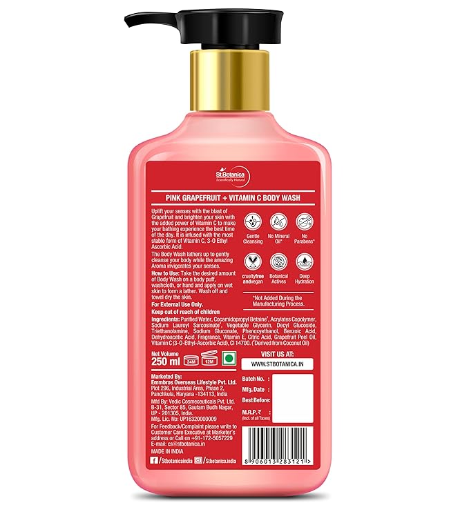 StBotanica Pink Grapefruit &amp Vitamin C Body Wash 250ml - No SLS/Sulphate Parabens