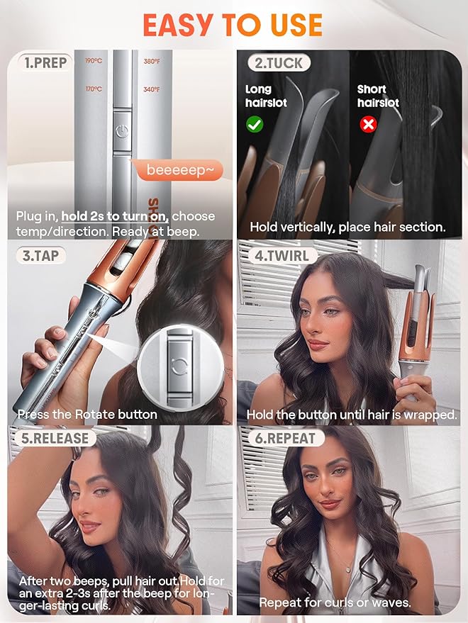 SHEGLAM Automatic Curling Iron 1 inch with 3 Temperatures Fast Heating 2-Way Rotation Automatic Shut-Off Anti-Scald Anti-Tangle Rotating for Hair Styling