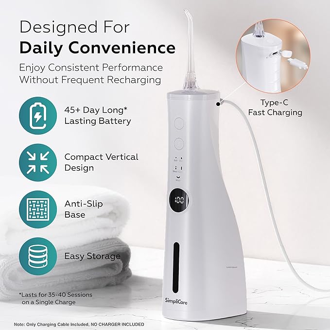 Cordless Water Flosser Oral Irrigator | 10–150 PSI Adjustable Pressure | 5 Cleaning Modes | 10 oz Tank | IPX7 Waterproof | 8 Jet Tips for Teeth Braces &amp Gums | USB-C Rechargeable (F5039W)