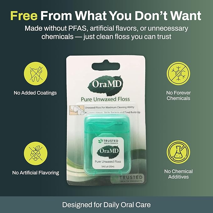 OraMD Oral Care Pure Unwaxed Dental Floss 54.6 Yards - PFAS-Free Chemical Free Shred Resistant - Unscented and Ultraclean Plaque Removal - Teeth and Gum Protection for Adults - Pack of 6