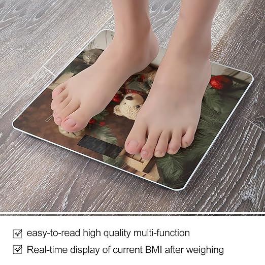 Xmas Tree Branch Bear Doll Scale for Body Weight Anti-Slip Tempered Glass Digital Bathroom Scales Clear LCD Display Weighing Scale Safe Rounded Corners Smart Scales