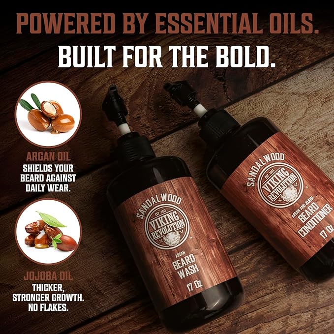 Viking Revolution Sandalwood Beard Wash and Beard Conditioner Kit for Men (17 Fl Oz each) and Sandalwood Beard Oil (1 Fl Oz) - Beard Softener Strengthener and Moisturizer with Argan and Jojoba Oils
