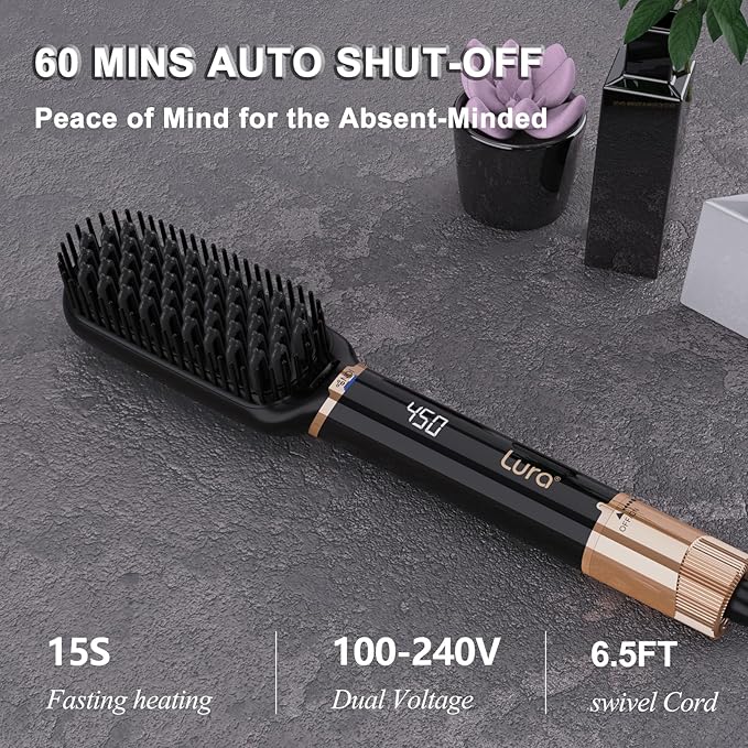 LURA Ionic Hair Straightener BrushDual Voltage Hair Straightening Brush for WomenHigh Heat Flat Iron Brush for Black WomenCeramic Hair Straightener Comb with 6 Adjust Temperature