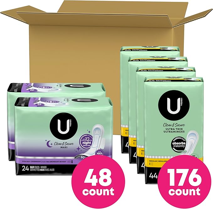 U by Kotex Clean &amp Secure Day/Night Bundle: Ultra Thin Pads Regular Absorbency 176 Count &amp Overnight Maxi Pads with Wings Extra Heavy Absorbency 48 Count (Packaging May Vary)