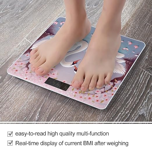 White Swans with Pink Floral Tree Scale for Body Weight Anti-Slip Sturdy Tempered Glass Weighing Machine Highly Digital Accurate Bright LCD Bathroom Scale for Household Gift