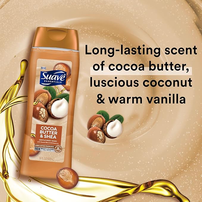 Suave Moisturizing Body Wash Cocoa Butter and Shea with Vitamin E Extract No Parabens No Phtahaltes 18 Oz (Pack of 12)