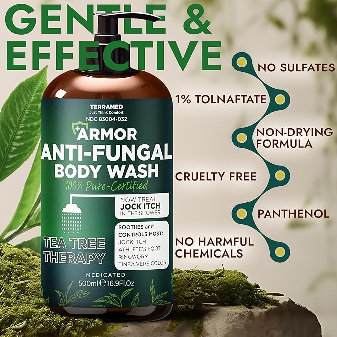 Antifungal Body Care Bundle – Tea Tree Oil Body Wash (16.9 oz) with Silicone Scrubber + Manuka Honey &amp Tea Tree Oil Cream (120ml) – Soothes Itchy Irritated Skin for Men &amp Women