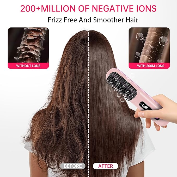 Cordless Hair Straightener Brush for Travel 200 Million Negative Ionic Portable Hair Straightener Comb for Women with LED Display &amp 3 Temps 30s Fast Heating USB Charging Smooth Frizz(Pink