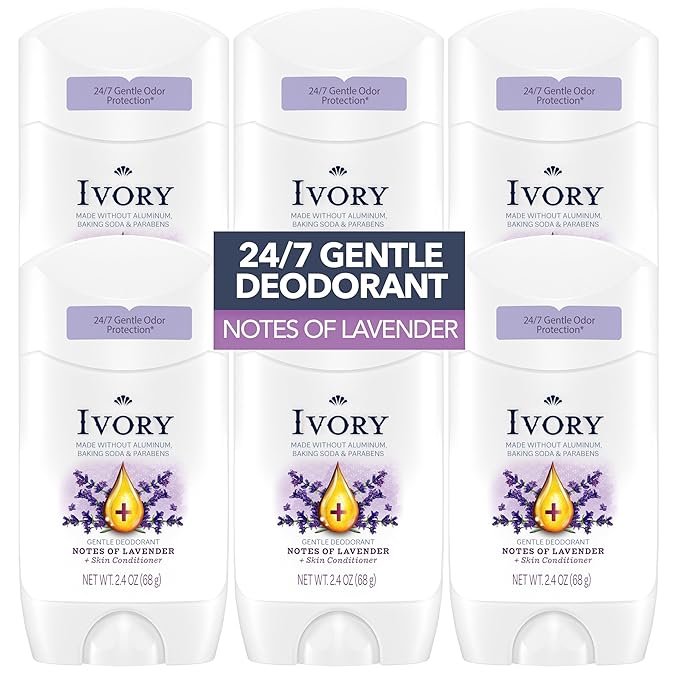 Ivory Aluminum Free Deodorant Hint of Lavender 24hr Gentle Deodorant Dermatologist Tested Baking Soda Free Paraben Free 2.4oz (Pack of 6)