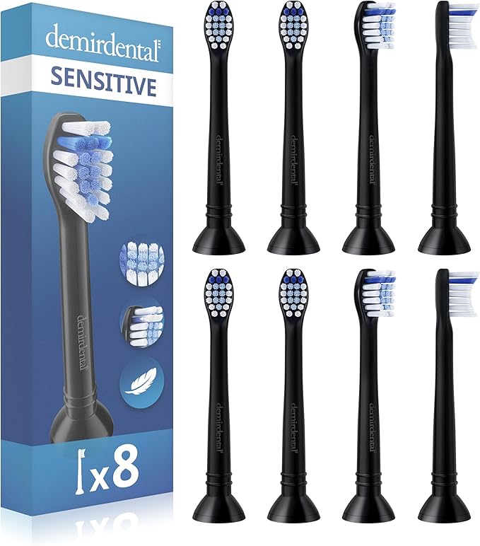 demirdental Toothbrush Heads mini Sensitive Compatible with Philips Sonicare Toothbrush Heads - Soft &amp Small Replacement Heads for Sensitive Teeth - Black - Replaces HX6088b - 8 Pack