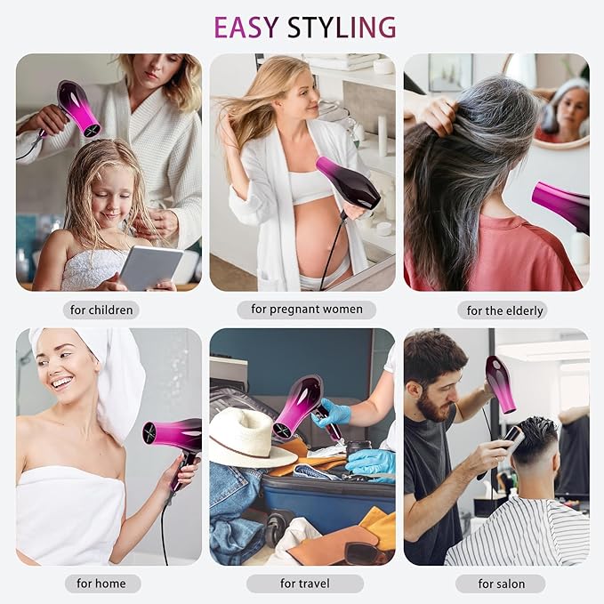 Ionic Hair Dryer2400W Negative Ion Low Noise Hair Dryer Professional Fast Drying Hair Dryers with 2 Speeds 3 Heat Settings Cooling Buttonwith Diffuser for Curly and Straight Hair（Crimson Fade）