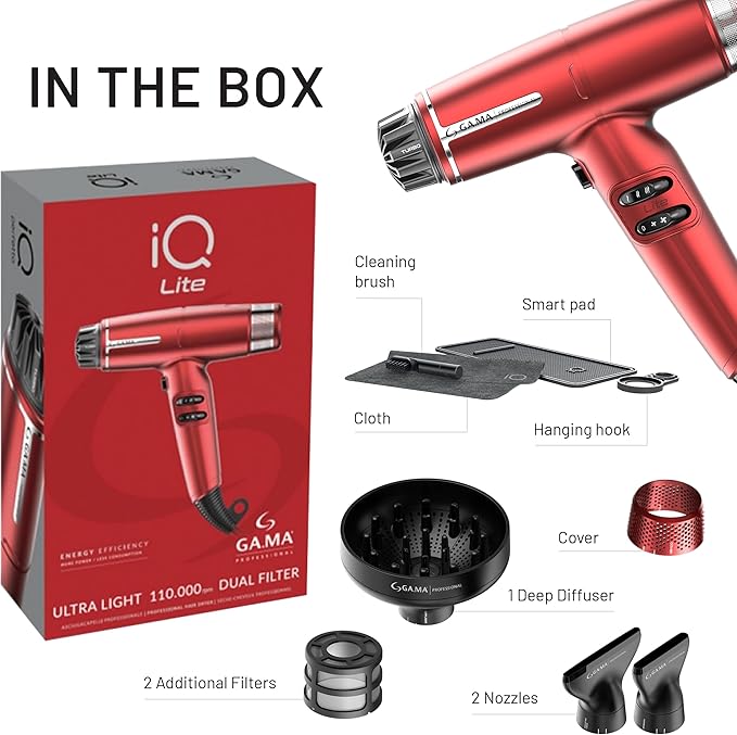 GA.MA iQ LITE Perfetto Hair Dryer with 110000 RPM Intelligent Brushless Motor Dual Filter Oxy-Active Technology Red