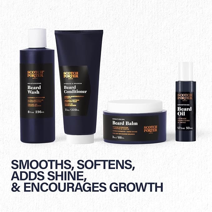Scotch Porter Ultimate Beard Collection – Cleanse Moisturize Soothe &amp Style while Encouraging Growth for a Fuller/Healthier-Looking Beard – Includes Wash Conditioner Oil Balm Brush &amp Com