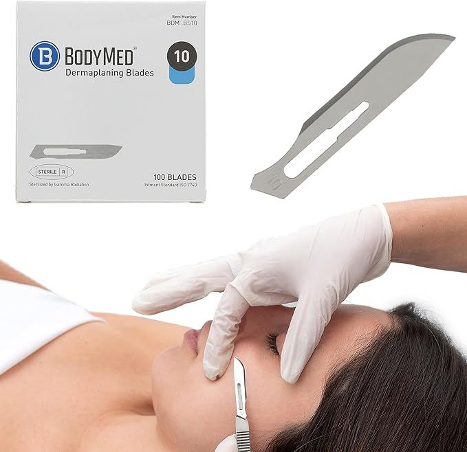 BodyMed Dermaplaning Blades #10 in Stainless Steel 100 PCS - Disposable Individually wrapped Sterile Scalpel Blades for Estheticians Facial Exfoliation Hair Removal Skin Care Surgical &amp