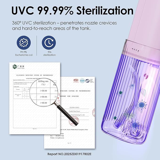 Portable Water Flosser Cordless for Travel-Rechargeable Power Dental Flossers for Braces＆Stonsil Stones-Mini Tooth Cleaner with UVC SterilizationIPX7 Waterproof (D0040-Pink)