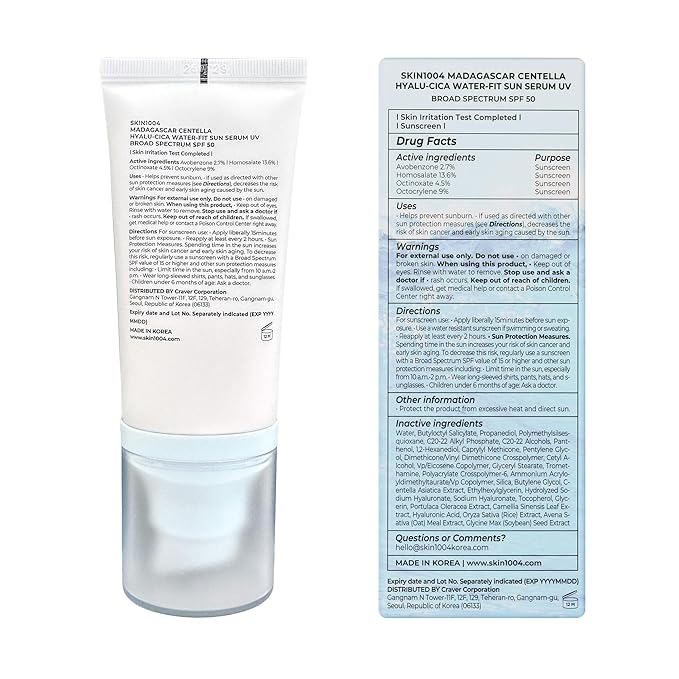SKIN1004 Centella Hyalu-Cica Water-Fit Sun Serum UV Korean Sunscreen SPF 50 Centella Sunscreen Travel Essentials Sunscreen with Hyaluronic Acid No White Cast Korean Skin Care 1.69 fl.oz / 50ml