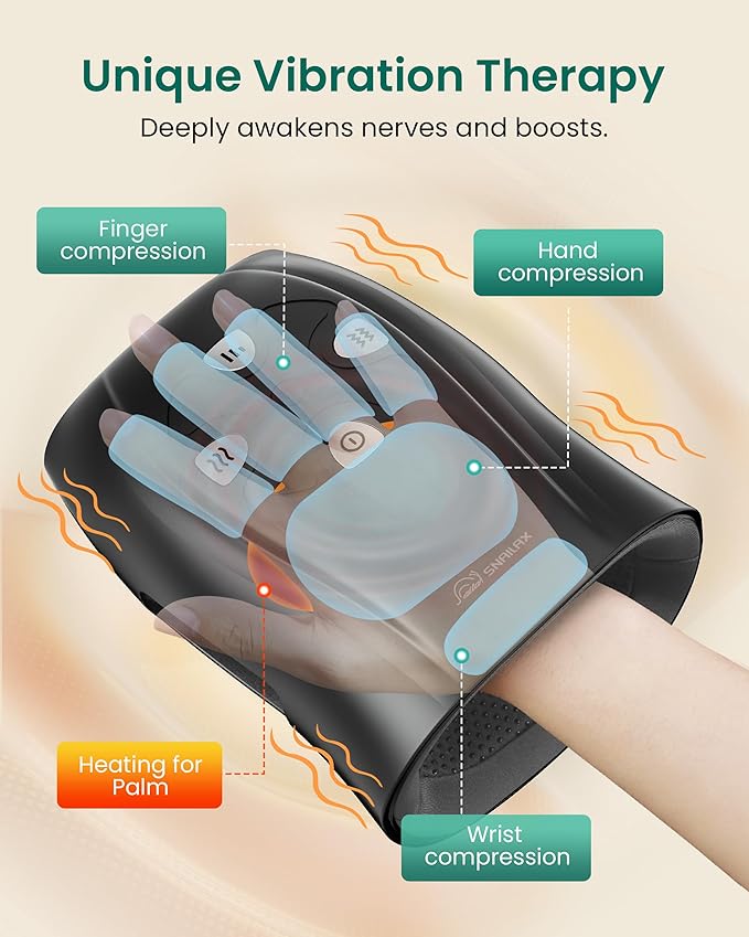 Snailax Hand Massager with Heat and Compression Vibration Cordless Hand Massager for Arthristis Carpal Tunnel Gifts for Women Men Mom(Black)