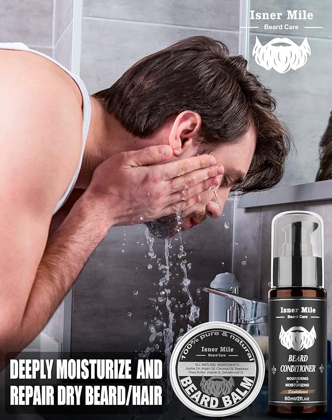 Beard Kit for Men Grooming &amp Care: with 2 Pack Beard Oils and Balm - Wash &amp Conditioner for After Shave Lotions Sandalwood Brush and Comb Sets with Scissors Valentines Fathers Gifts for Dad/