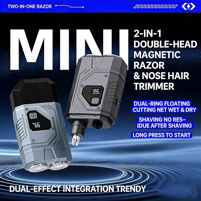 Advanced Men Grooming Tool 2 in 1 Shaver and Nose Hair Cutter for Smooth Shaving Safe Trimming Digital Power Monitor Electric Shaver Trimmer for Facial and Nose Hair with Dry Wet Use and Digital Power