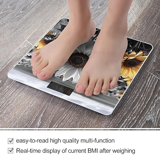 Black and White Sunflowers Scale for Body Weight Accurate Digital Bathroom Scale Toughened Glass High Precision Scales Smart Weight Scales with Large LCD Backlight Display Weighing Machine