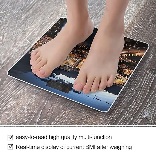 Las Vegas Night View Scale for Body Weight High Precision Digital Weight Scales with LCD Display Anti-Slip Sturdy Slim Tempered Glass Bathroom Scale for Home Use