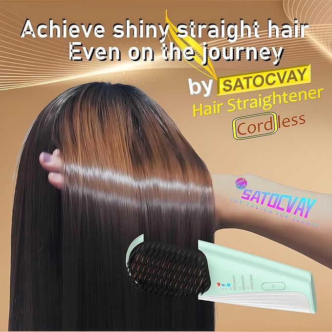 Go Brush Pro Cordless Hair Straightener Brush - Portable Travel-Friendly 30s Quick Heat 10000mAh USB-C Rechargeable 150M Negative Ions (Strai-Grey)