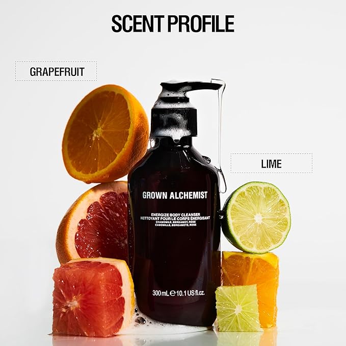 Grown Alchemist Energize Body Cleanser Chamomile Bergamot &amp Rose Gentle Bodywash. Hydrates and Cleanses Skin (300 ml).